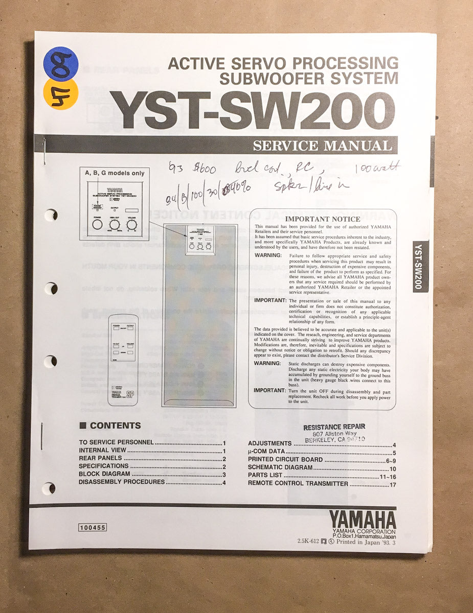 Yamaha YST-SW200 Subwoofer Service Manual *Original*