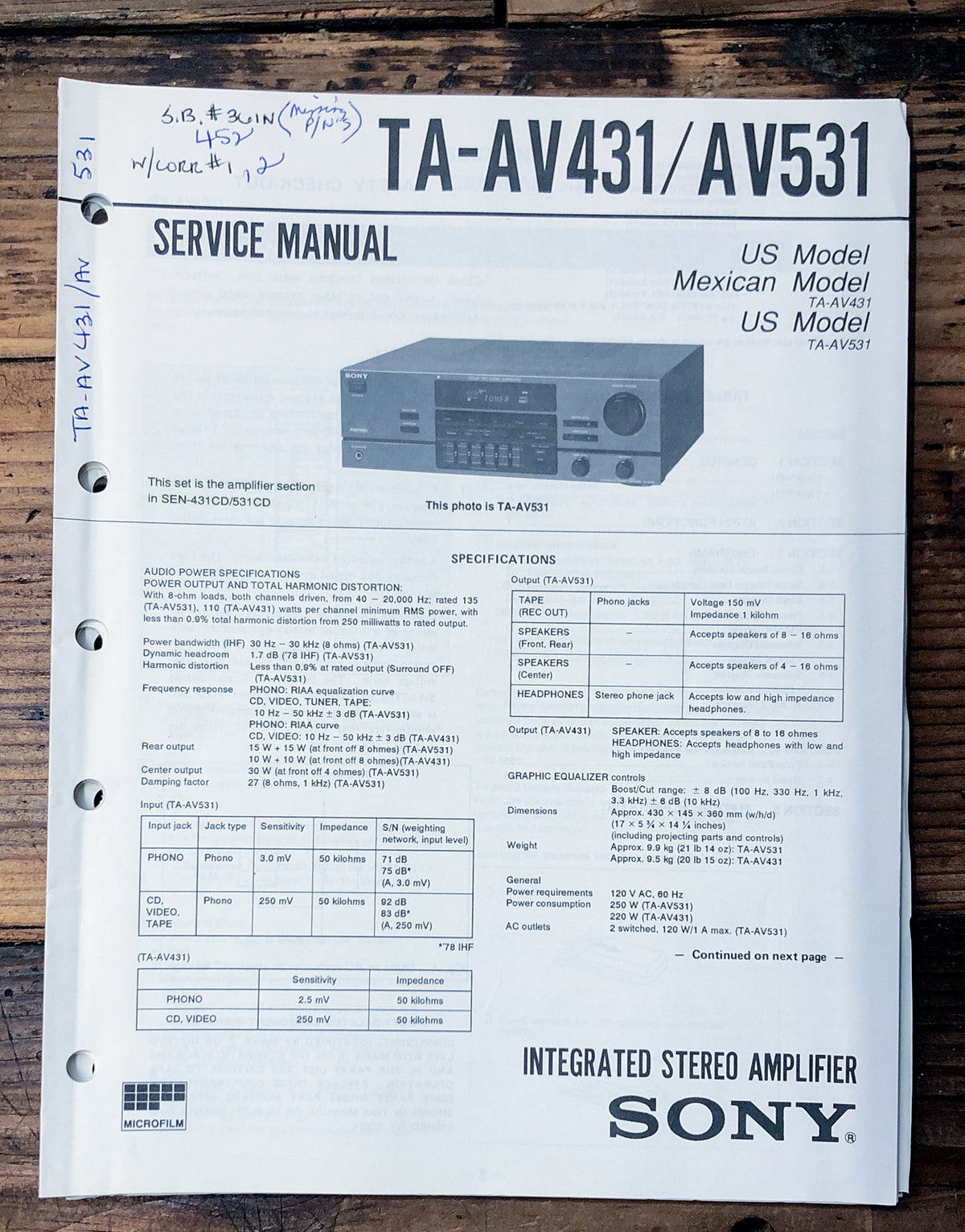 Sony TA-AV431 TA-AV531 Amplifier Service Manual *Original*