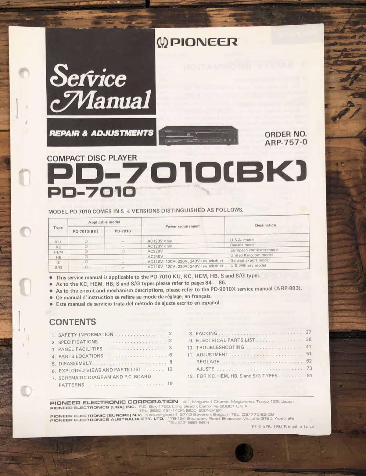 Pioneer PD-7010 CD Player Service Manual *Original*