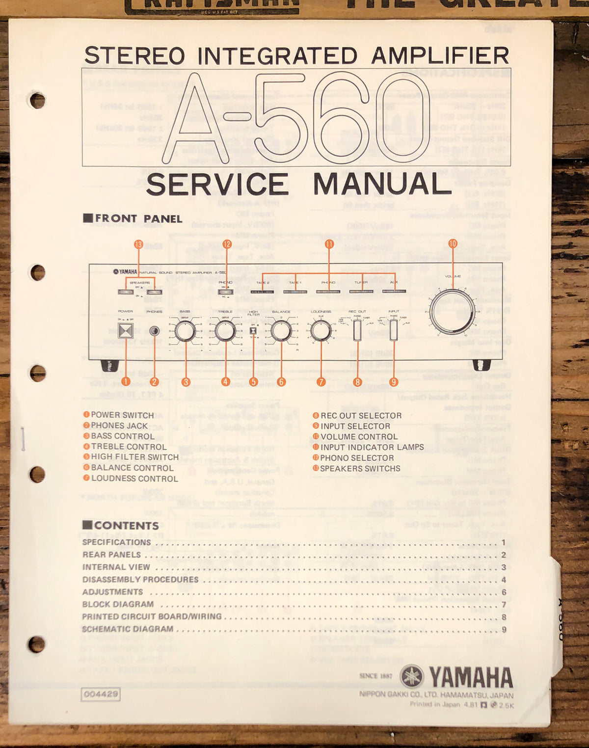 Yamaha A-560 Amplifier Service Manual *Original*