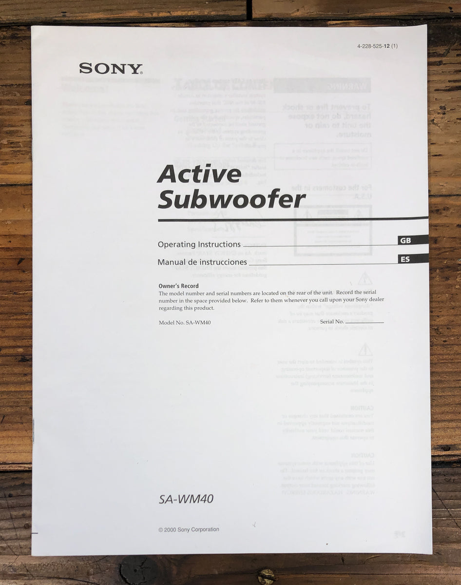 Sony SA-WM40 Subwoofer Owners / User Manual *Original*