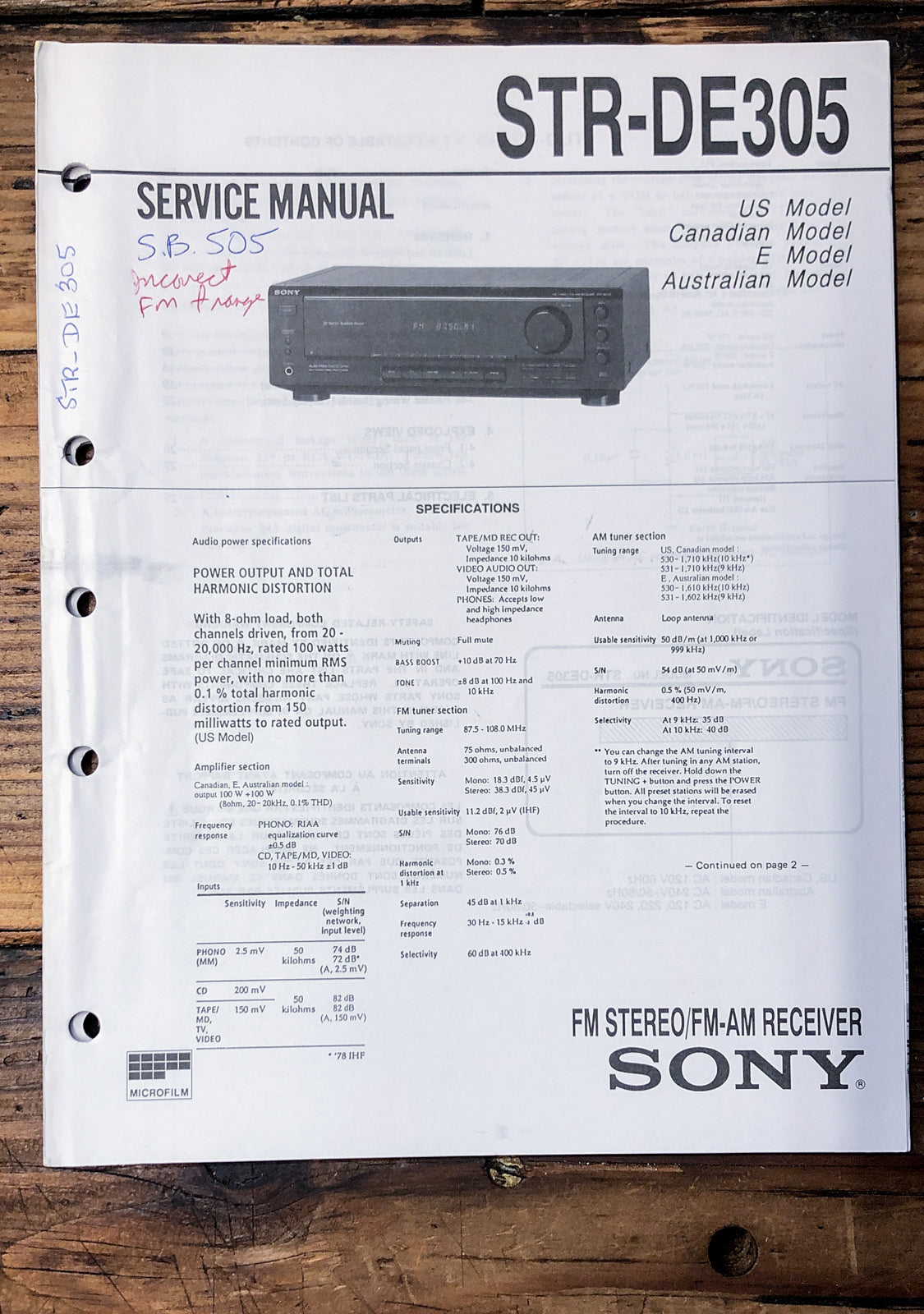 Sony STR-DE305 Receiver Service Manual *Original*