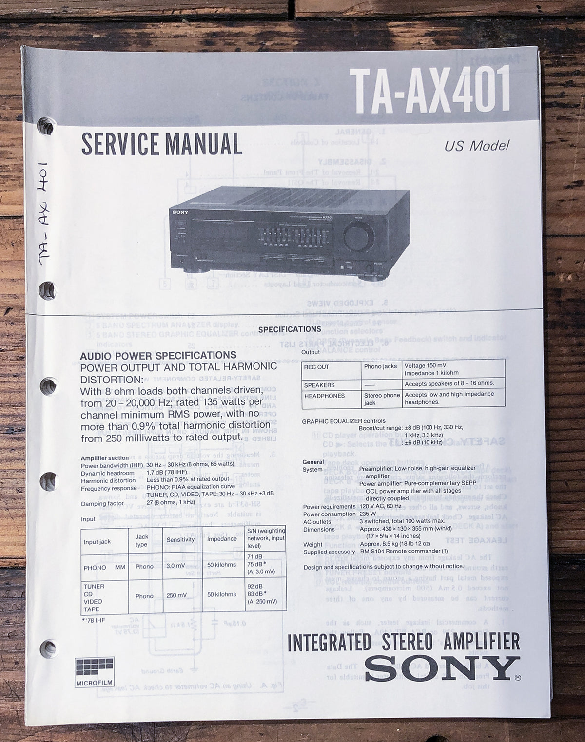 Sony TA-AX401 Amplifier Service Manual *Original*