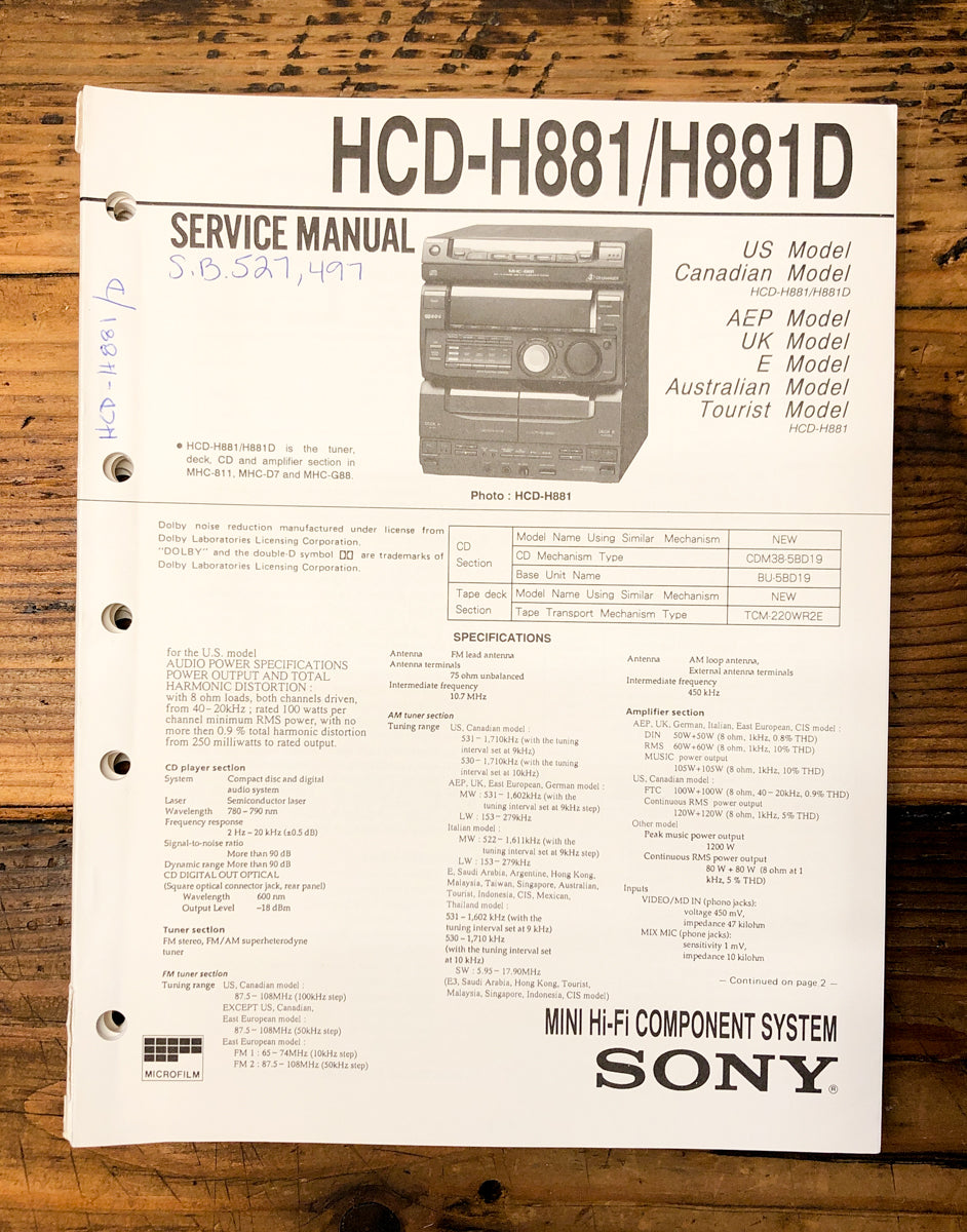 Sony HCD-H881 HCD-H881D Stereo Service Manual *Original*