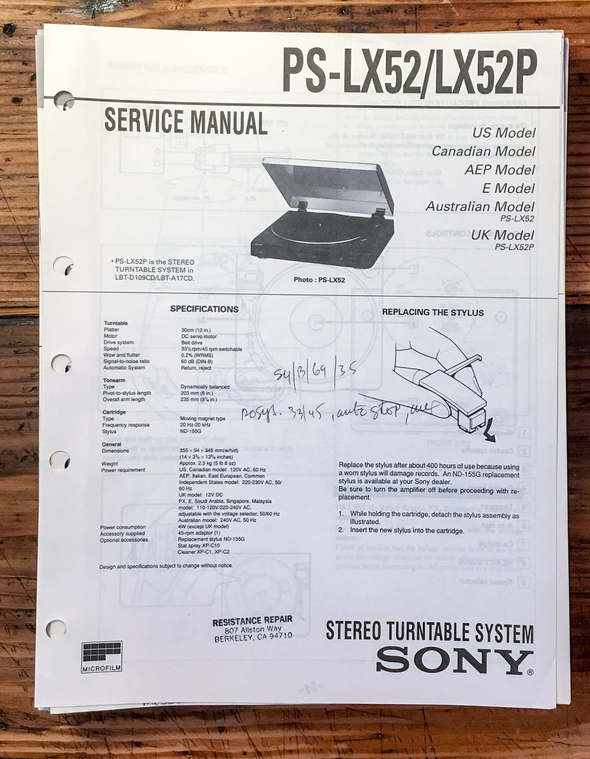 Sony PS-LX52 PS-LX52P Record Player / Turntable Service Manual *Original*