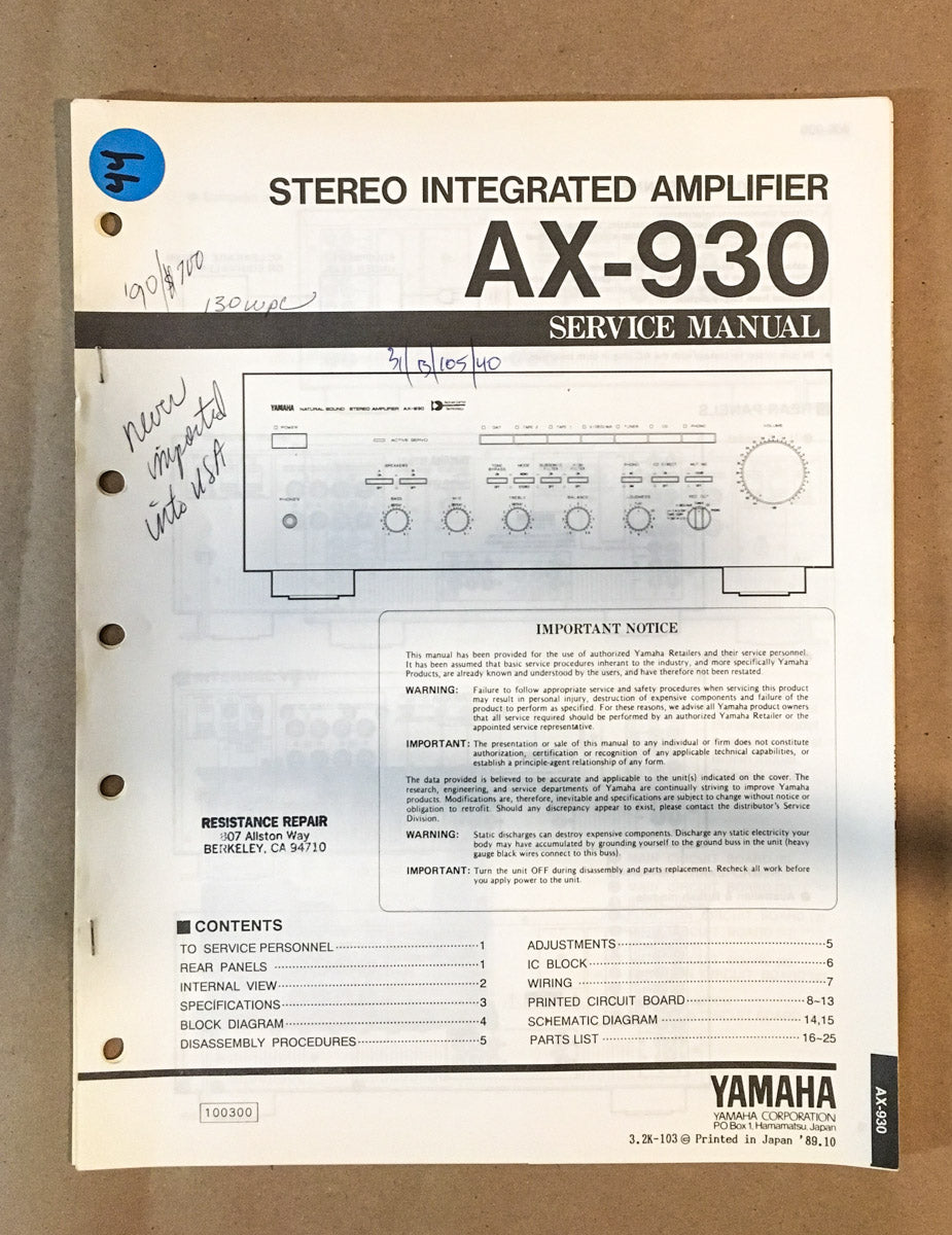 Yamaha AX-930 Amplifier Service Manual *Original*