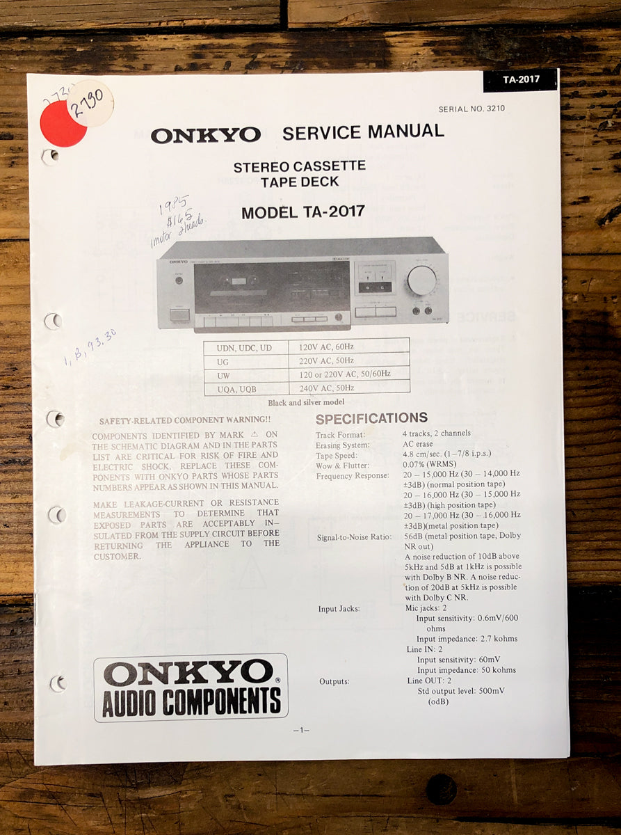 Onkyo TA-2017 Cassette Service Manual *Original*