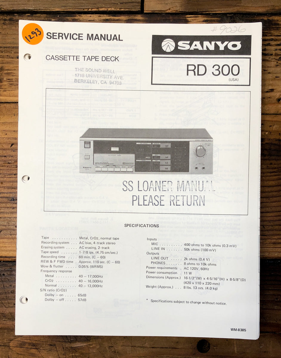 Sanyo RD-300 RD-300 Cassette Service Manual *Original*