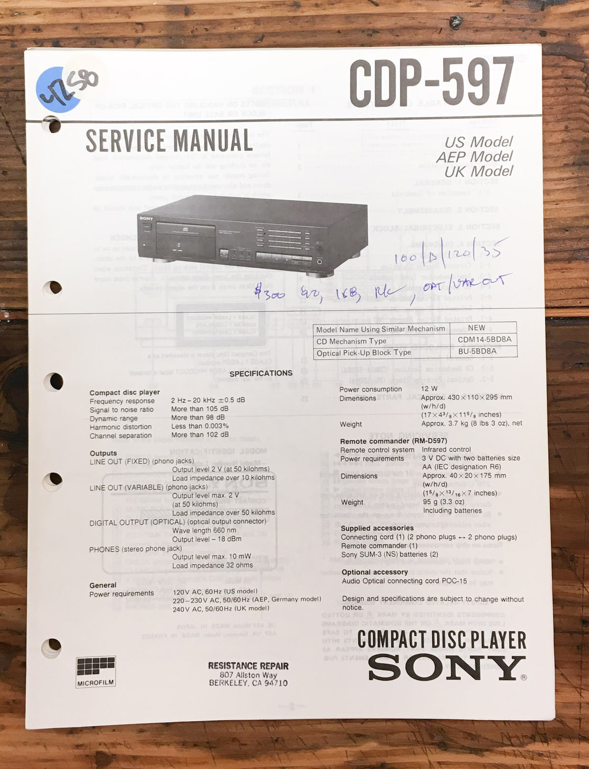 Sony CDP-597 CD Player Service Manual *Original*