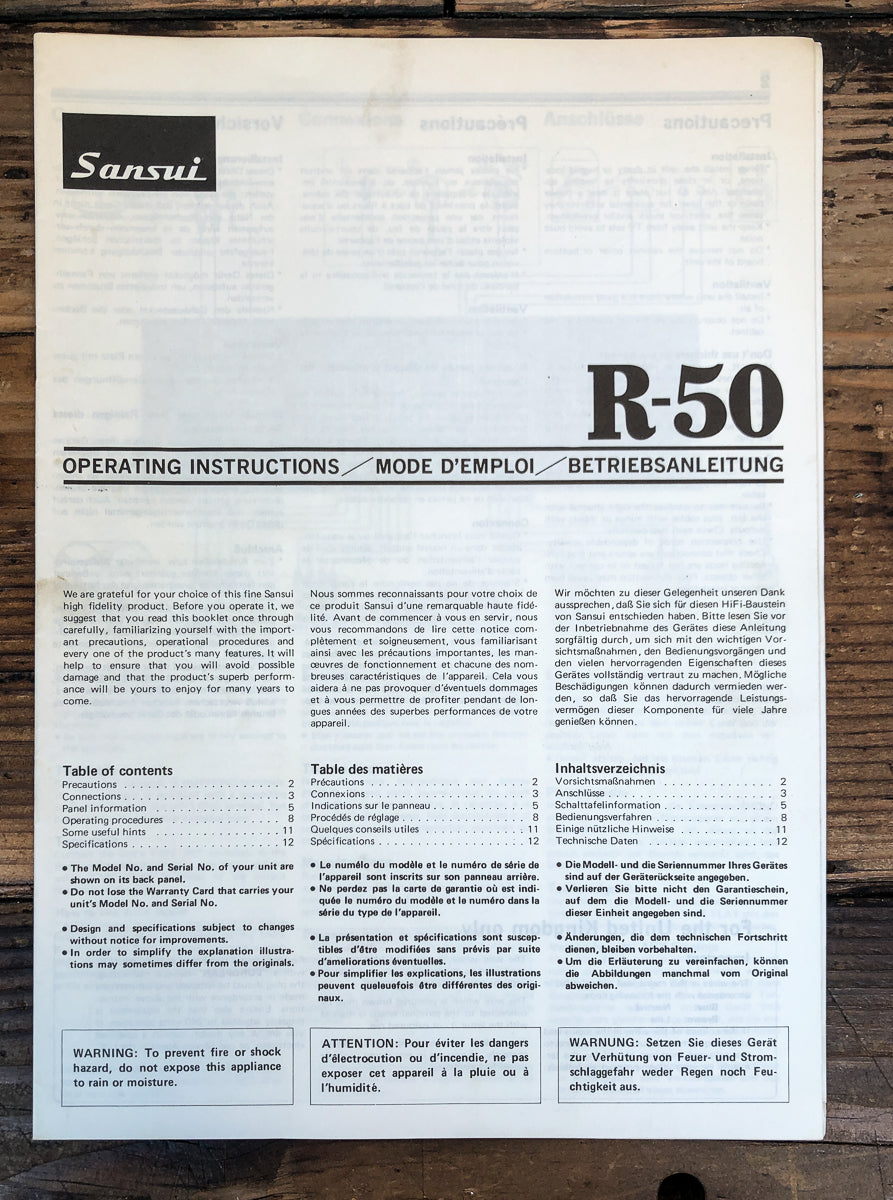 Sansui R-50 Receiver Owners / User Manual *Original*