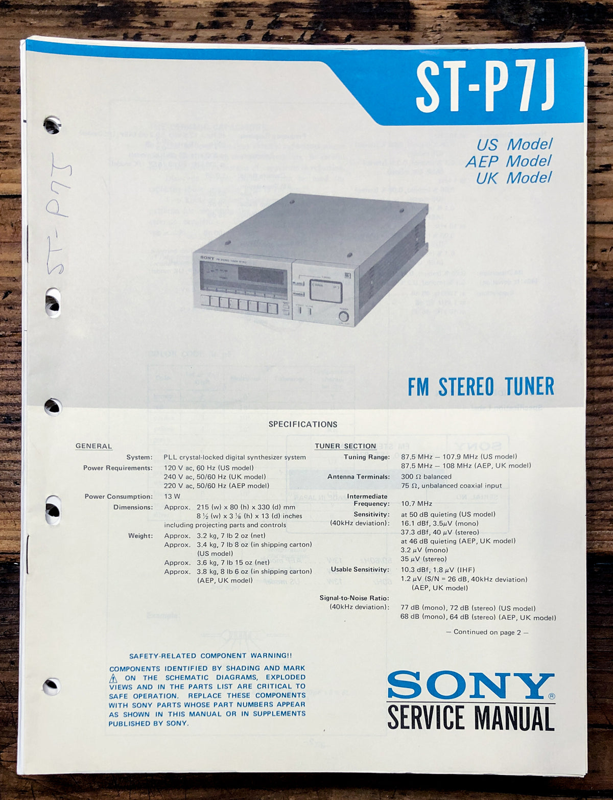 Sony ST-P7J Tuner Service Manual *Original*
