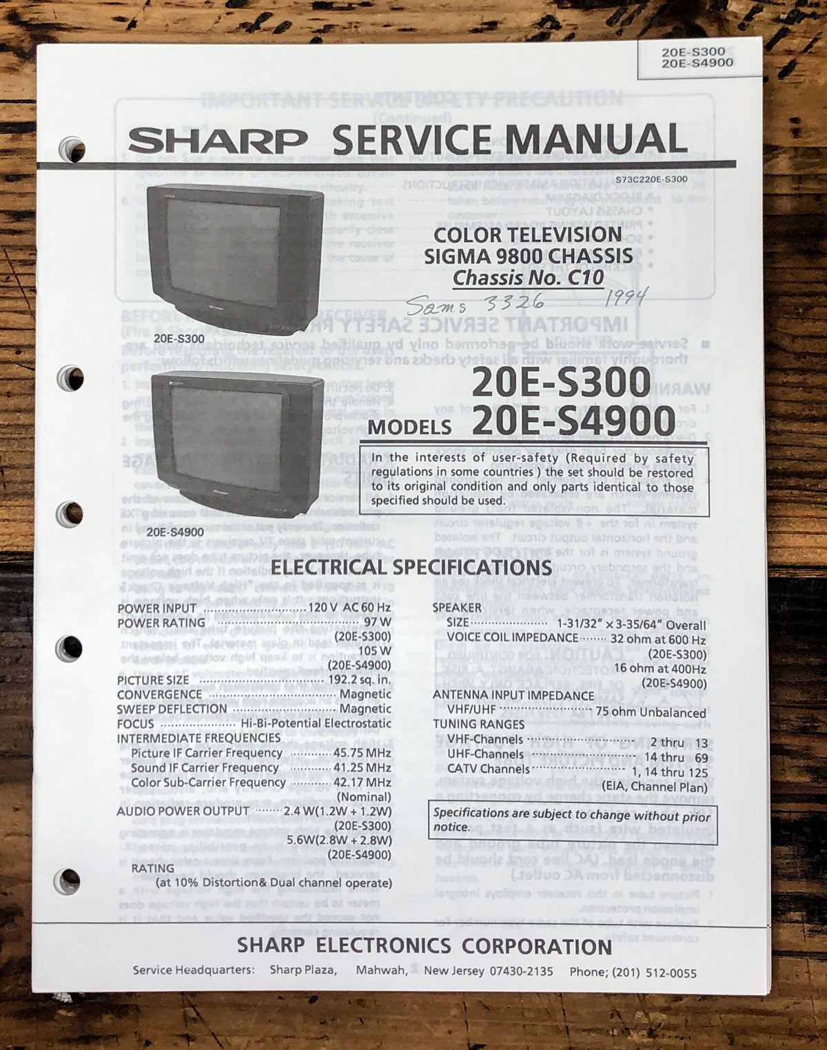 Sharp 20E-S300 / 20E-S4900 TV / Television Service Manual *Original*