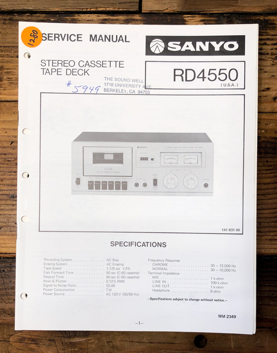 Sanyo RD-4550 RD-4550 Cassette Service Manual *Original*