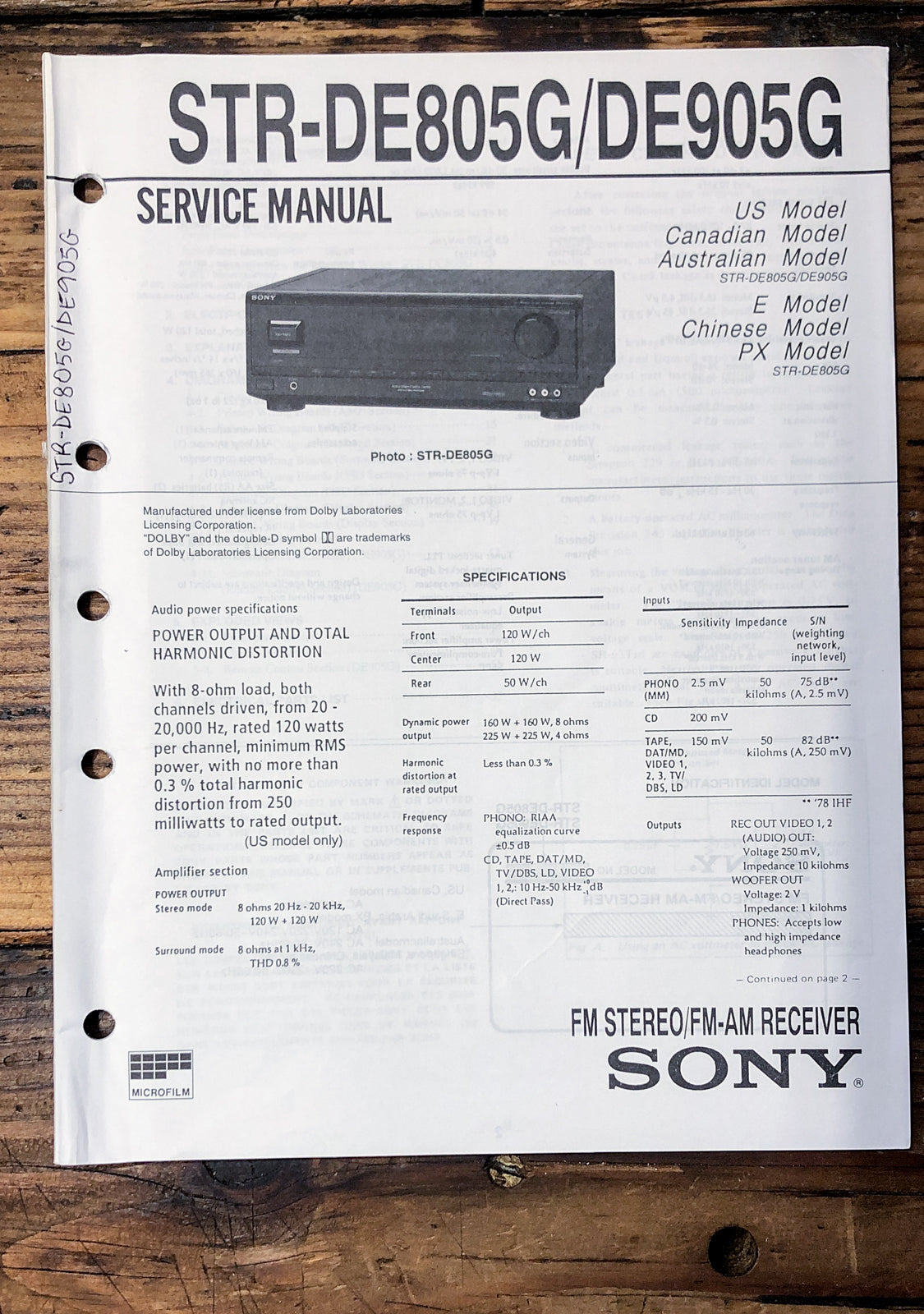 Sony STR-DE805G STR-DE905G Receiver Service Manual *Original*