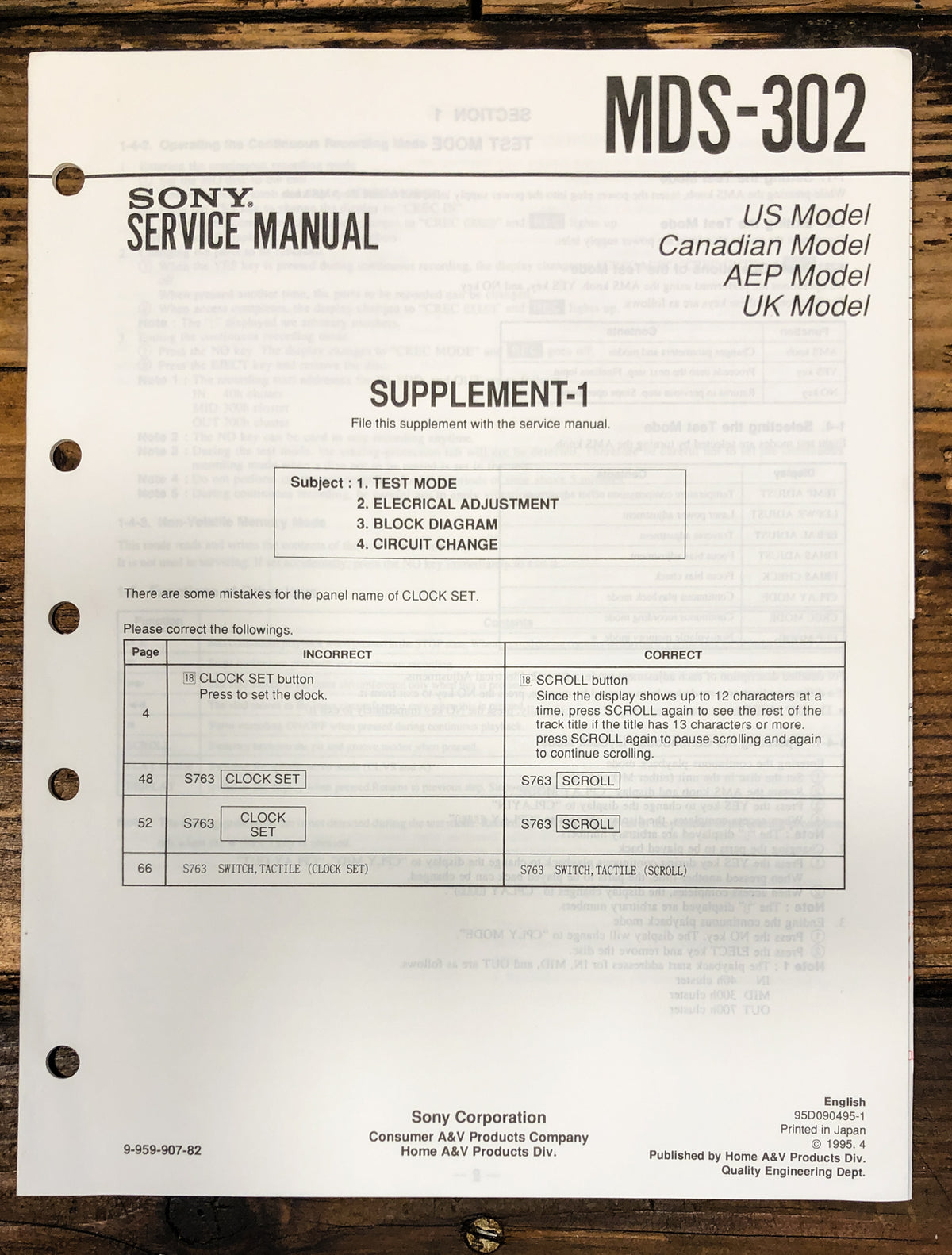 Sony MDS-302 MD Recorder Supp. #1 Service Manual *Original*