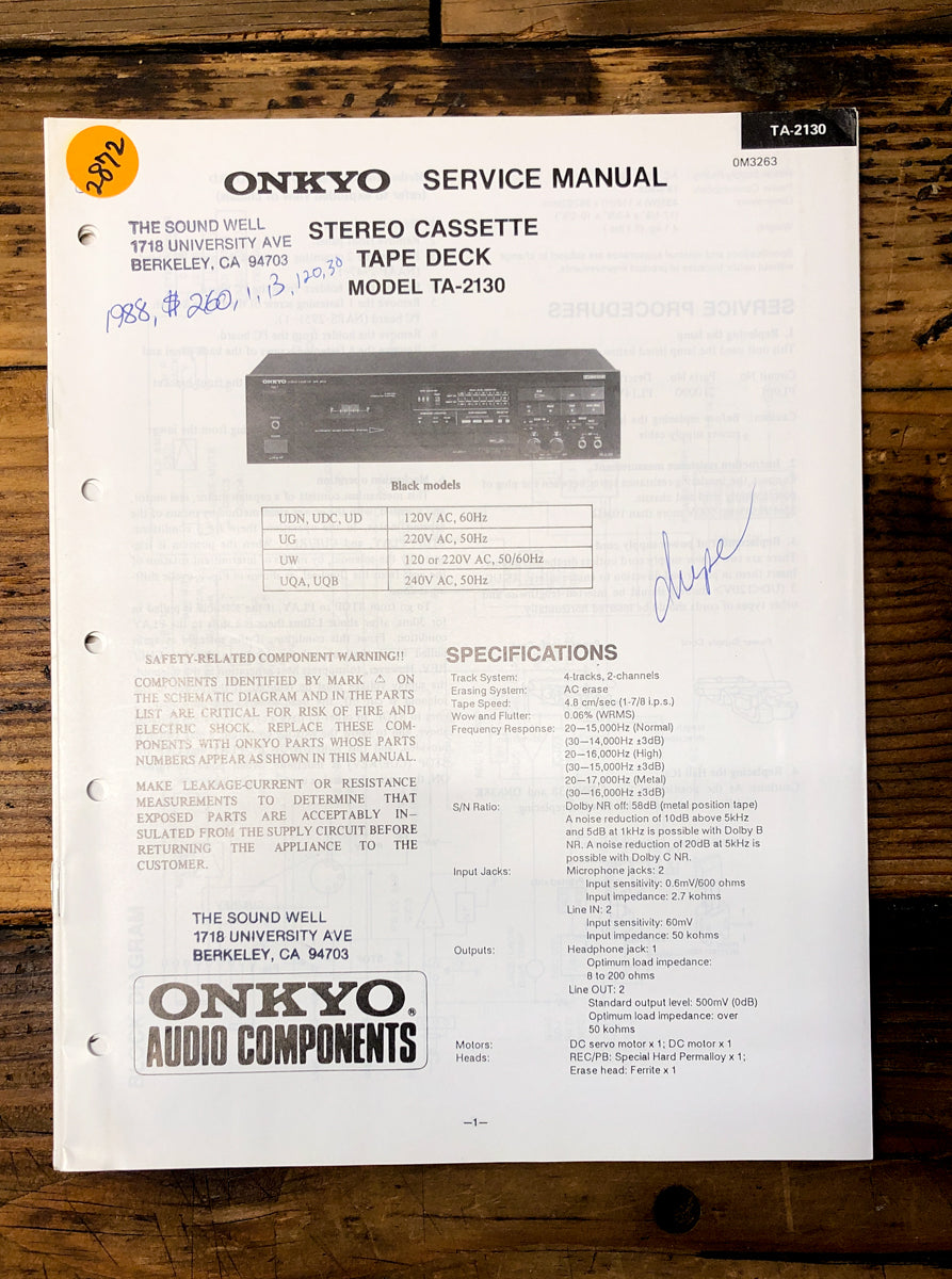 Onkyo TA-2130 Cassette Service Manual *Original*