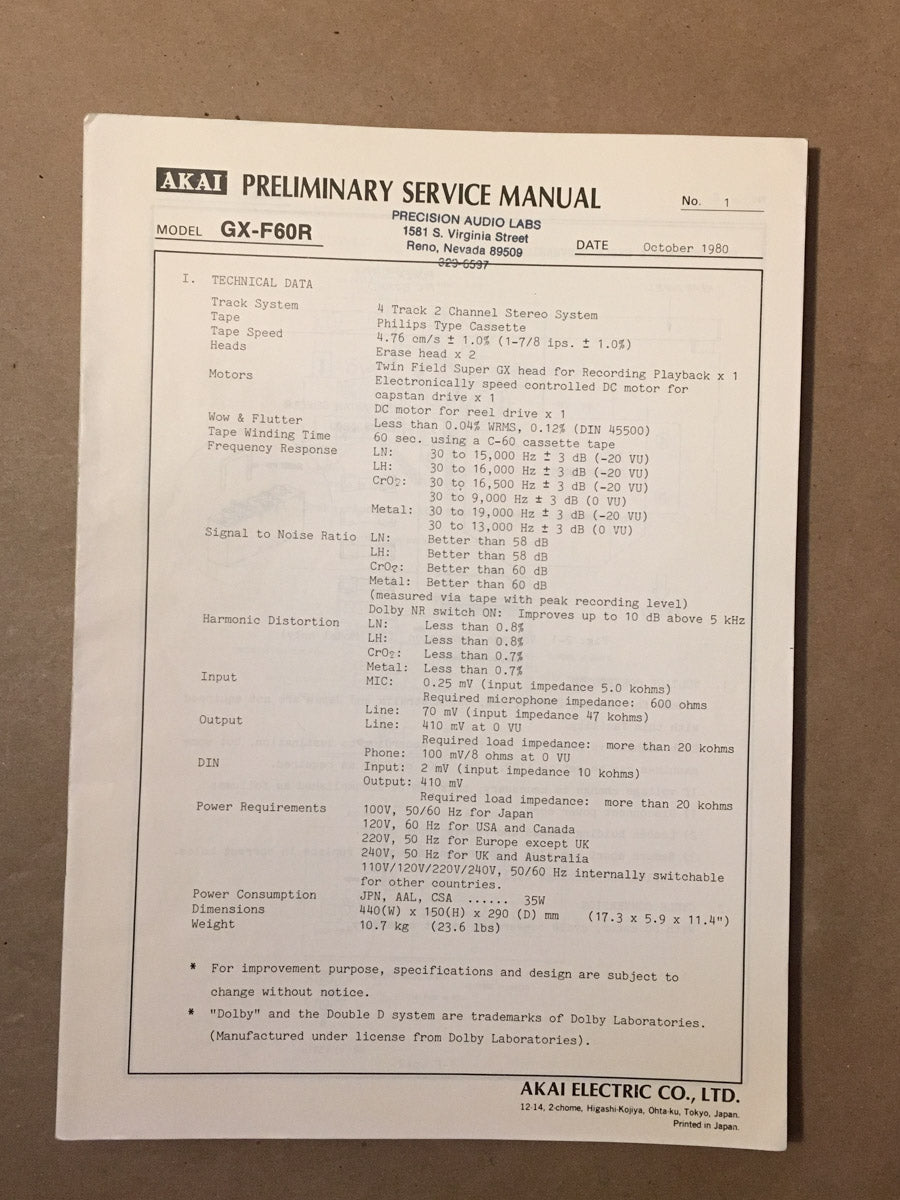 Akai GX-F60R Cassette Prelim. Service Manual *Original*