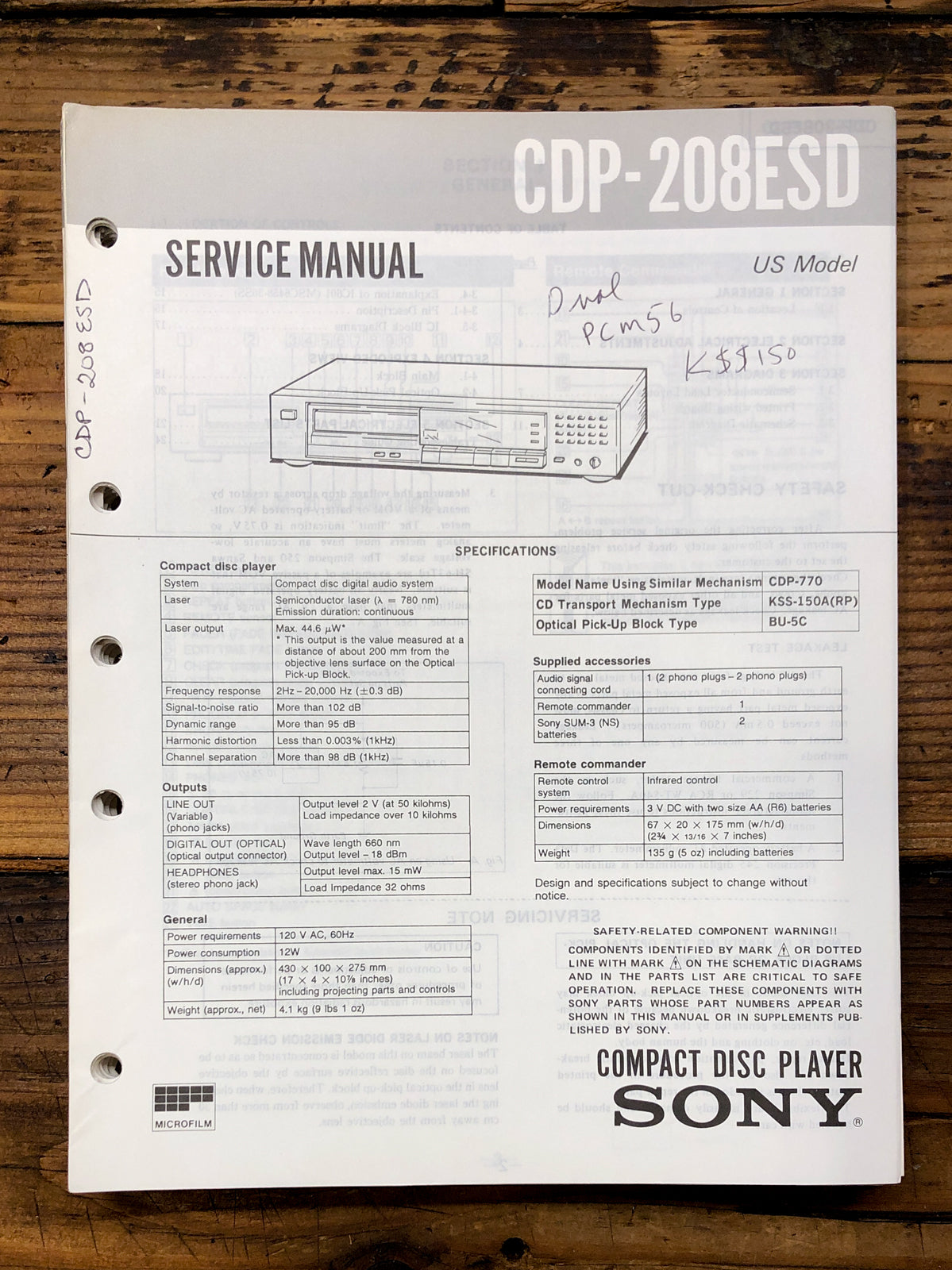Sony CDP-208ESD CD Player Service Manual *Original*