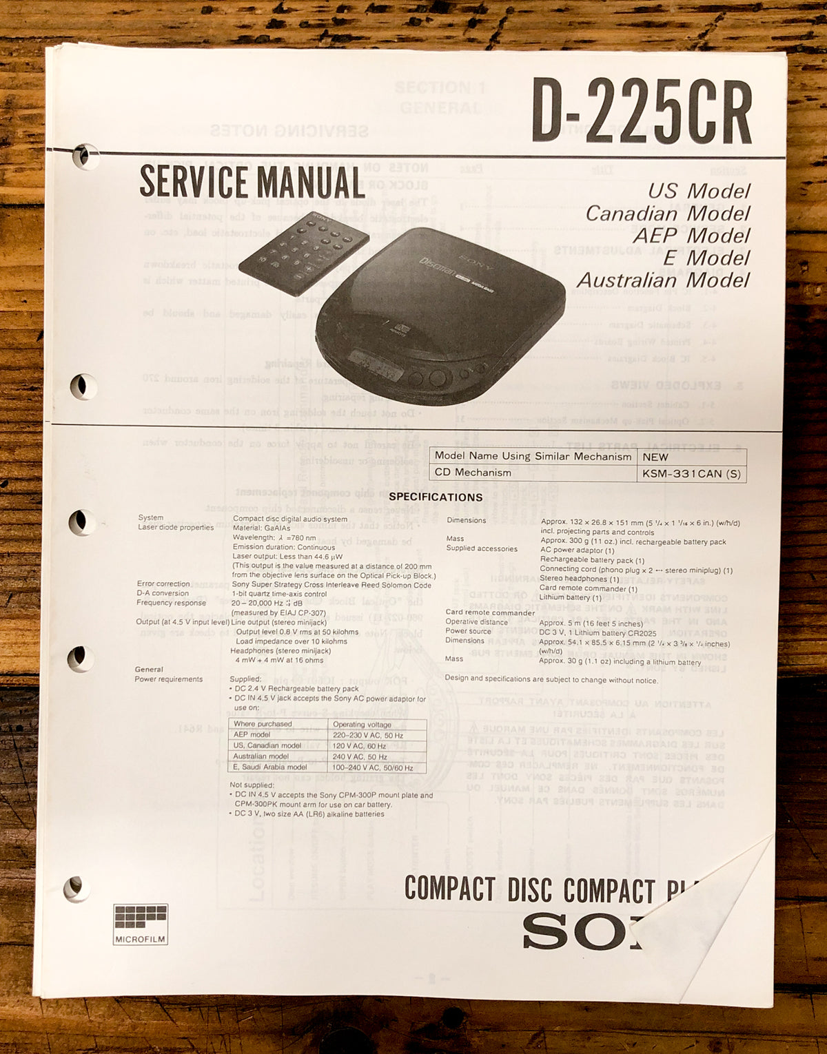 Sony D-225CR CD Player / Discman Service Manual *Original*