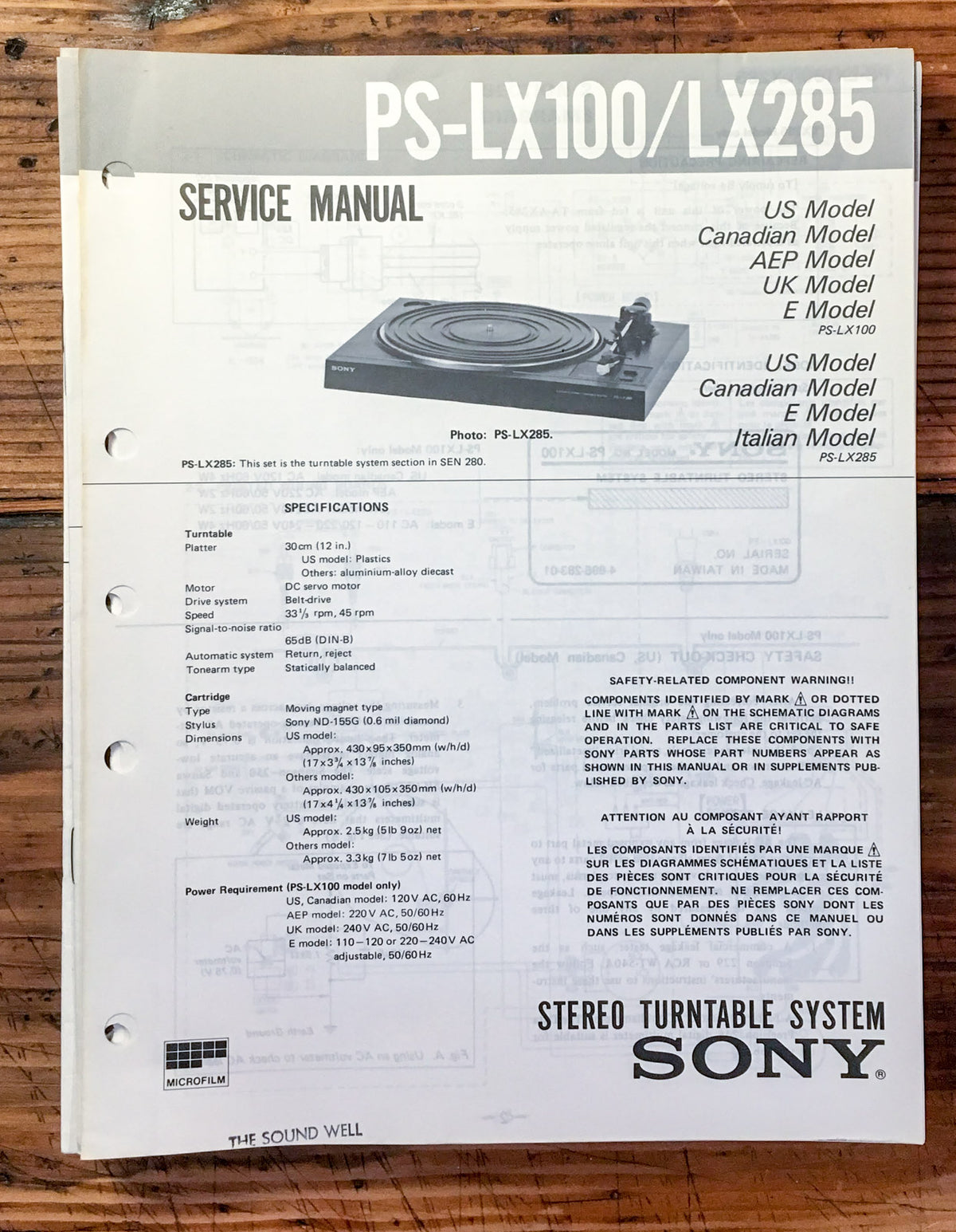 Sony PS-LX100 PS-LX285 Record Player / Turntable Service Manual *Original*