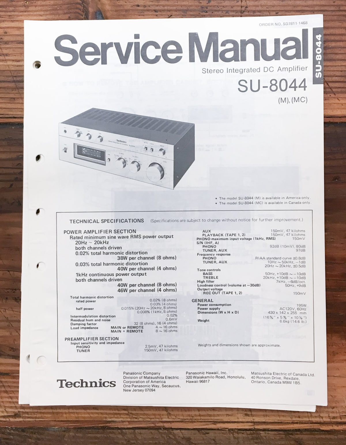 Technics SU-8044 Amplifier Service Manual *Original*