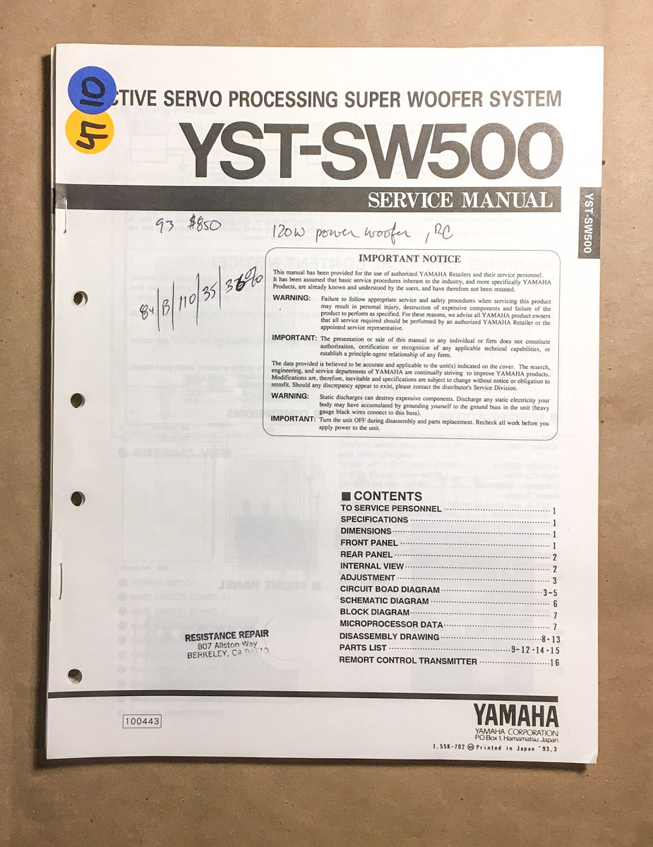 Yamaha YST-SW500 Subwoofer Service Manual *Original*