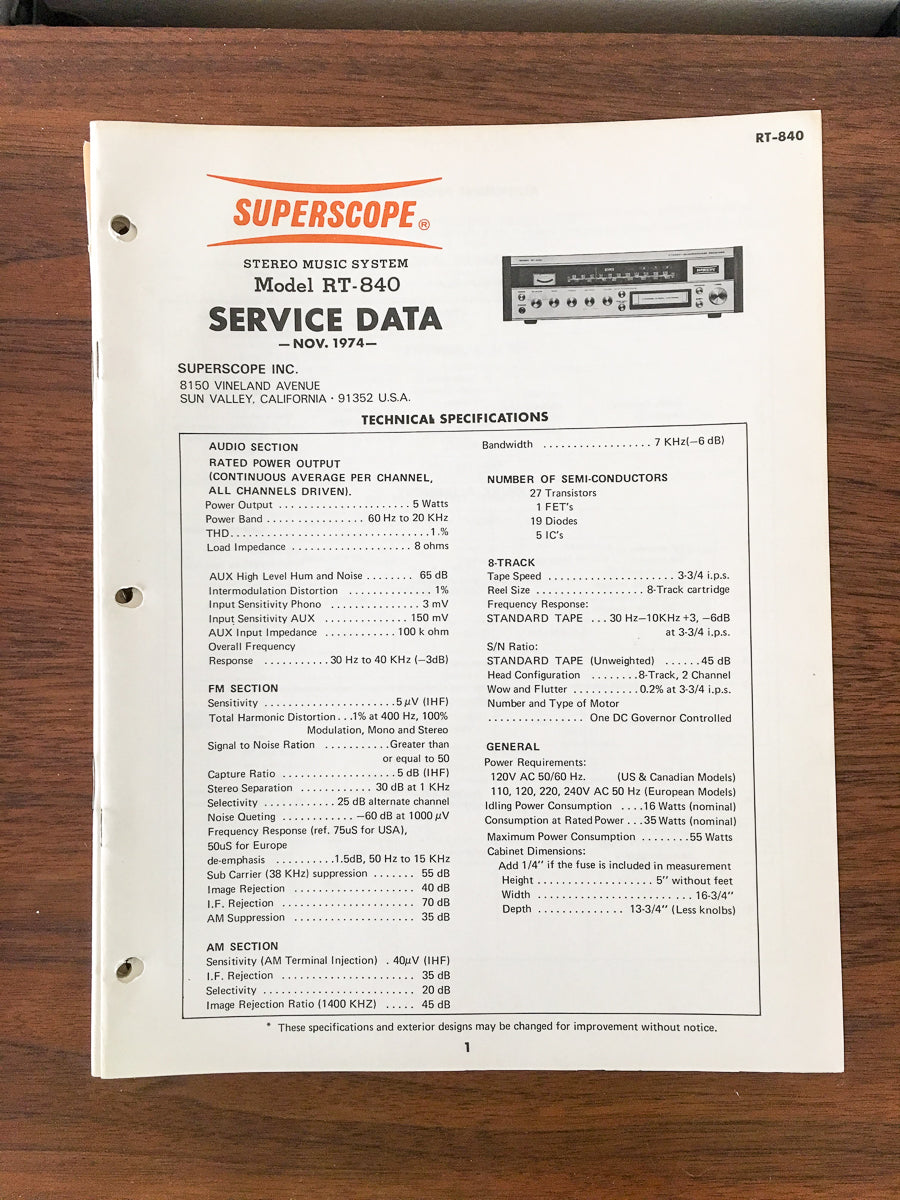 Superscope RT-840 Music System / Stereo Service Manual *Original*