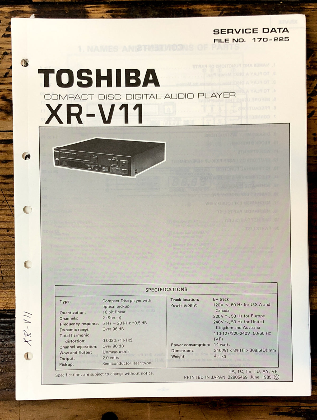 Toshiba XR-V11 CD Player Service Manual *Original*
