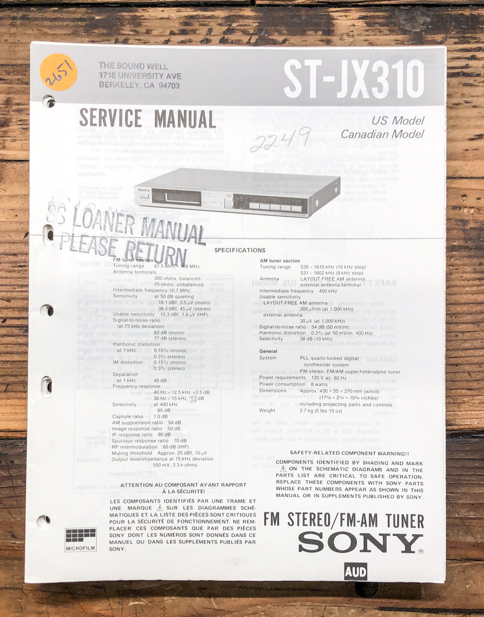 Sony ST-JX310 Tuner Service Manual *Original*