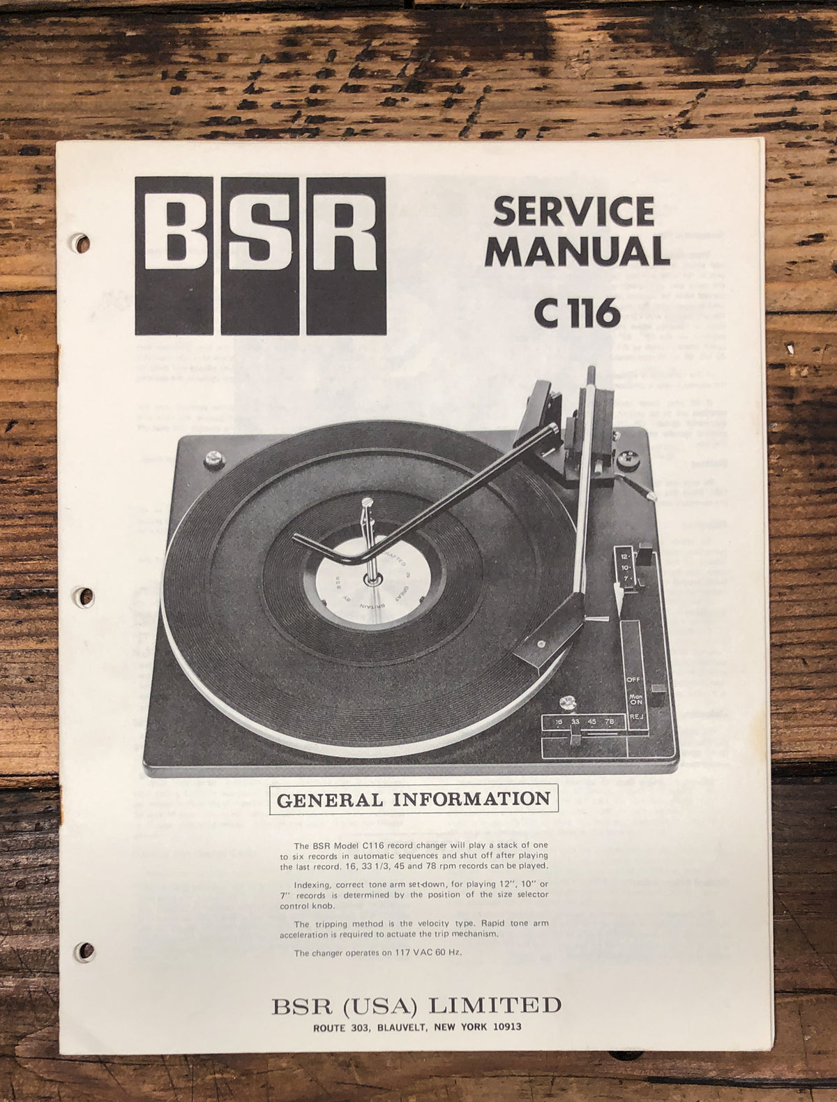 BSR C116 C-116 Record Player / Turntable Service Manual *Original*