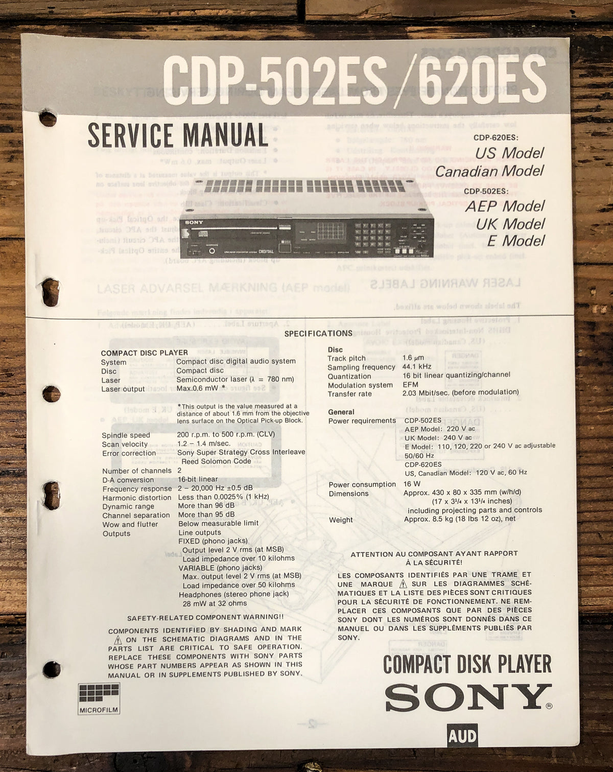 Sony CDP-502ES -620ES CD Player Service Manual *Original*