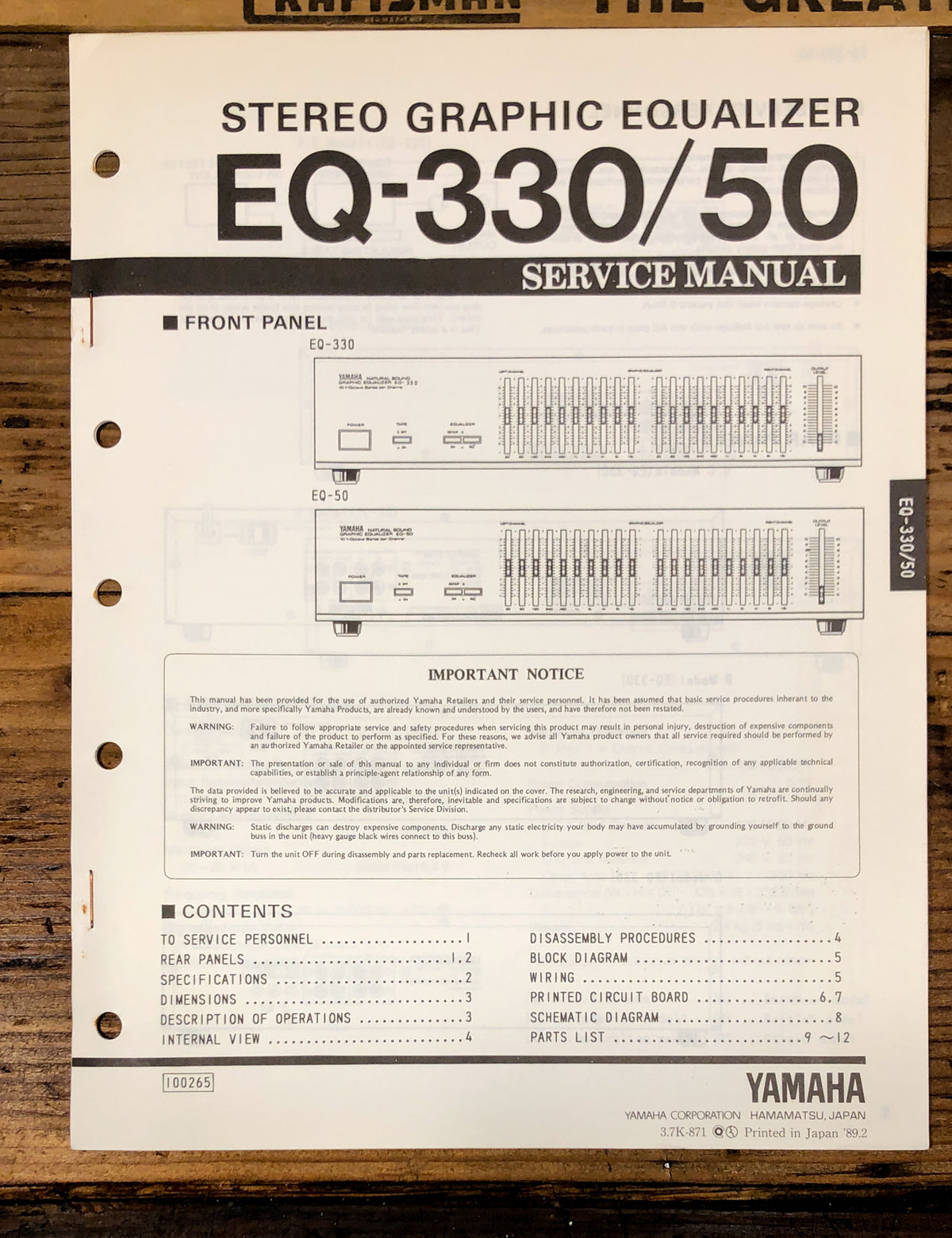 Yamaha EQ-330 EQ-50 Equalizer Service Manual *Original*