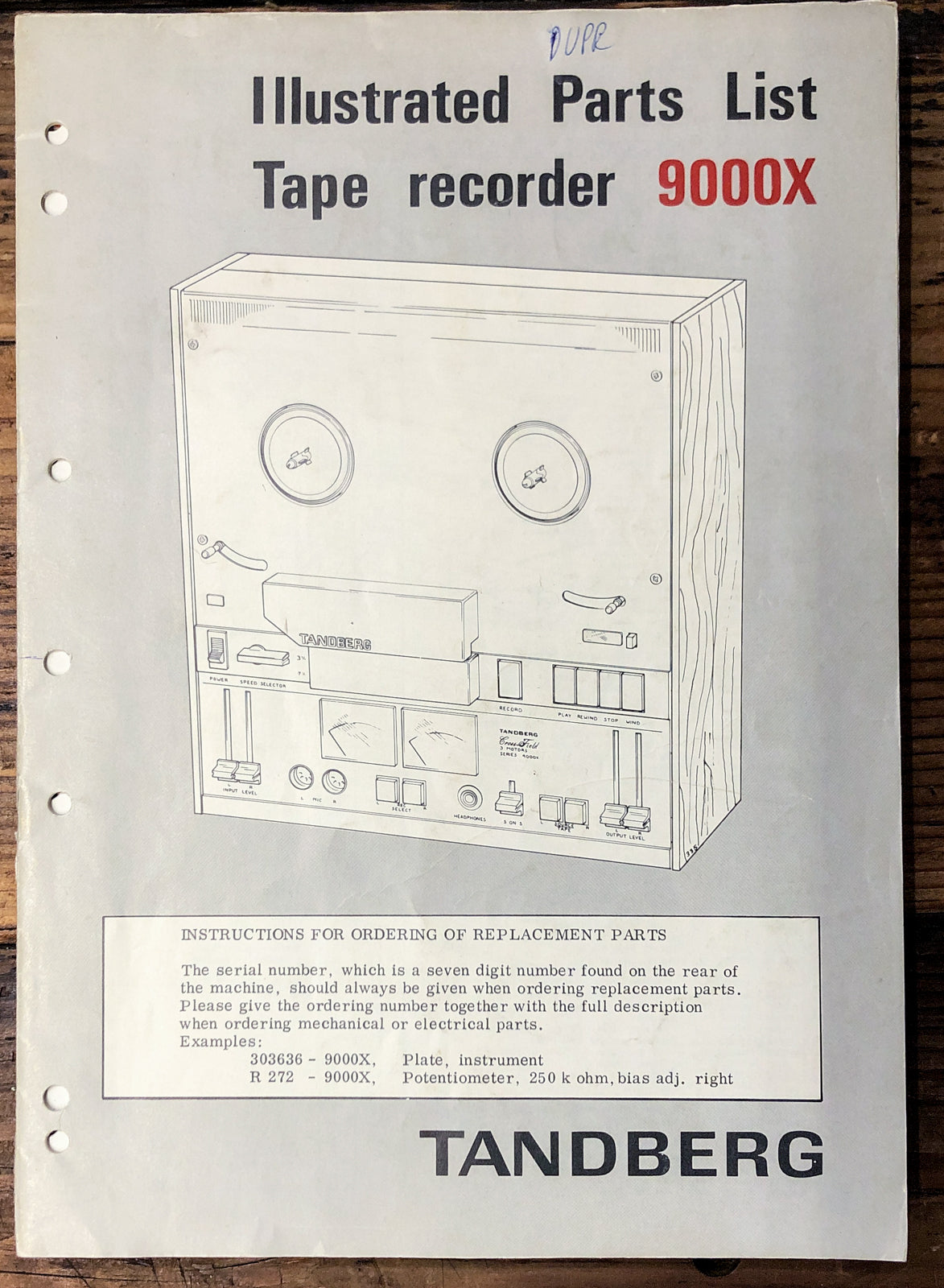 Tandberg Model 9000X Reel to Reel illustrated Parts List *Original*