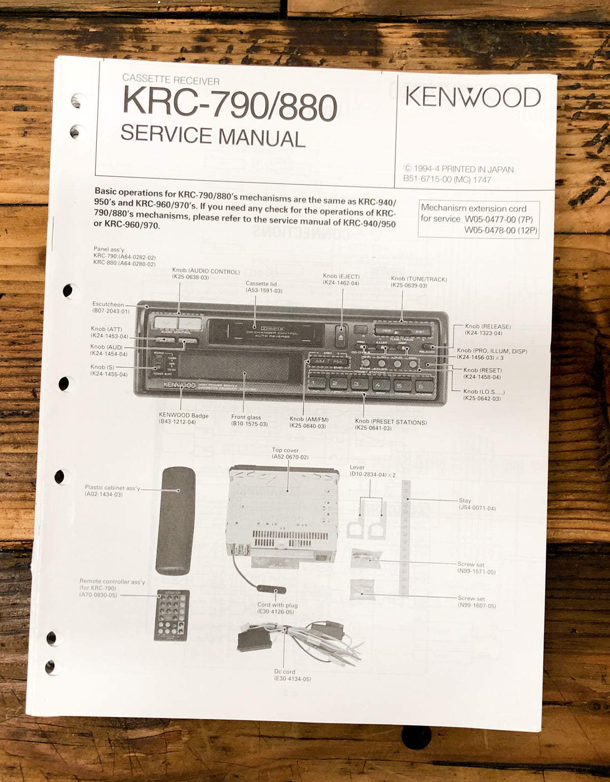 Kenwood KRC-790 KRC-880 Car Radio Service Manual *Original*