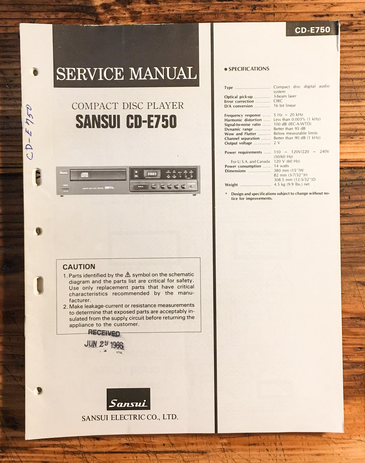 Sansui CD-E750 CD Player Service Manual *Original*