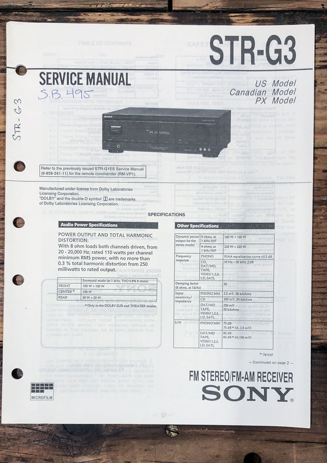 Sony STR-G3 Receiver Service Manual *Original*