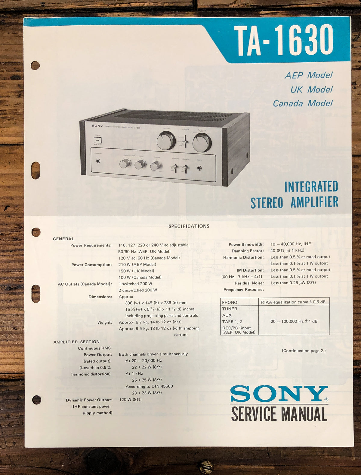 Sony TA-1630 Amplifier Service Manual *Original*