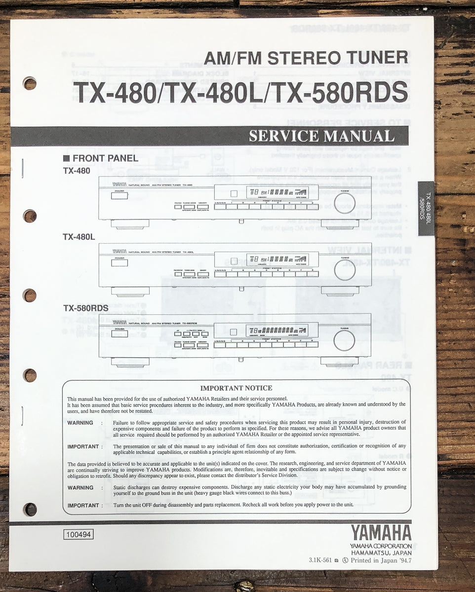 Yamaha TX-480 TX-480L TX-580 RDS Tuner Service Manual *Original*