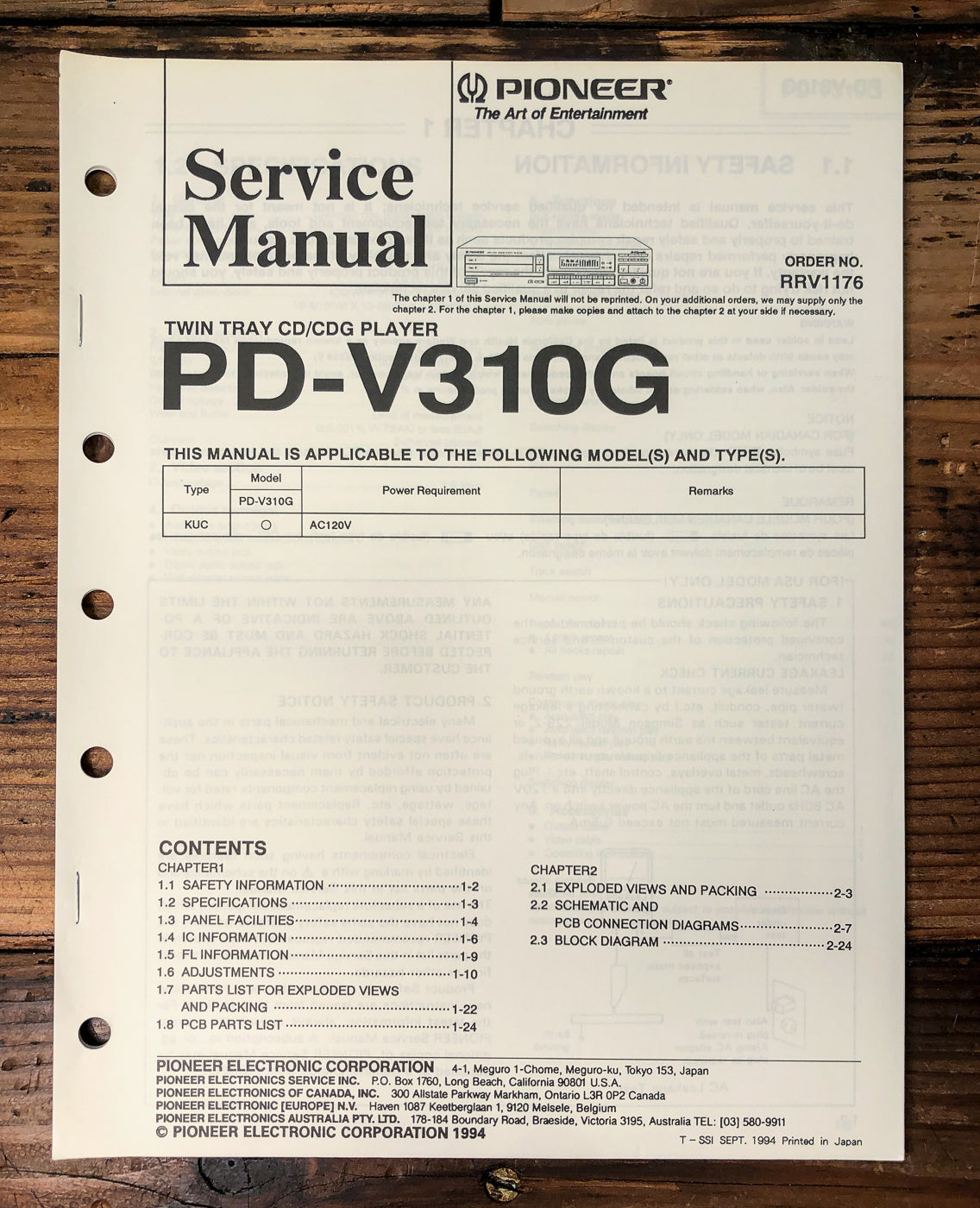 Pioneer PD-V310G Twin Tray CD/CDG Player Service Manual *Original*