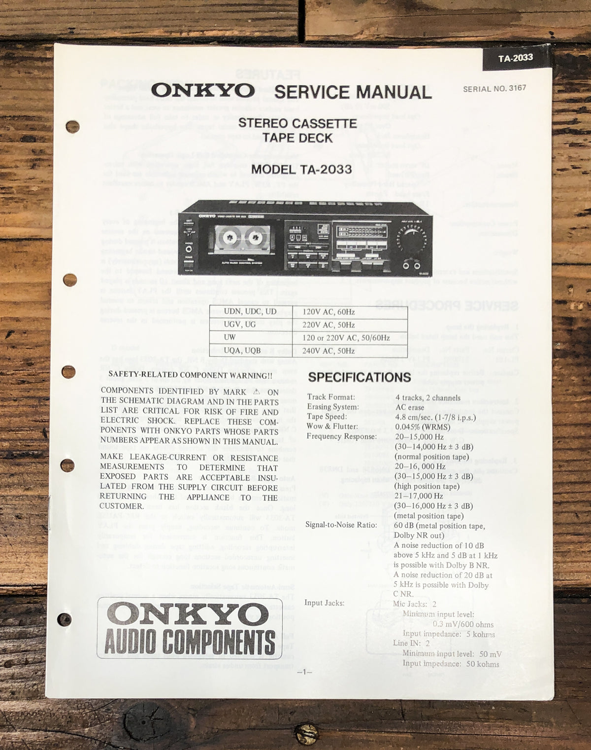 Onkyo TA-2033 Cassette Service Manual *Original*