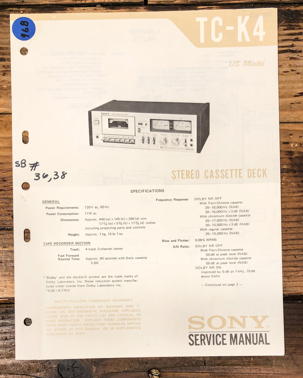 Sony TC-K4 Cassette Service Manual *Original*