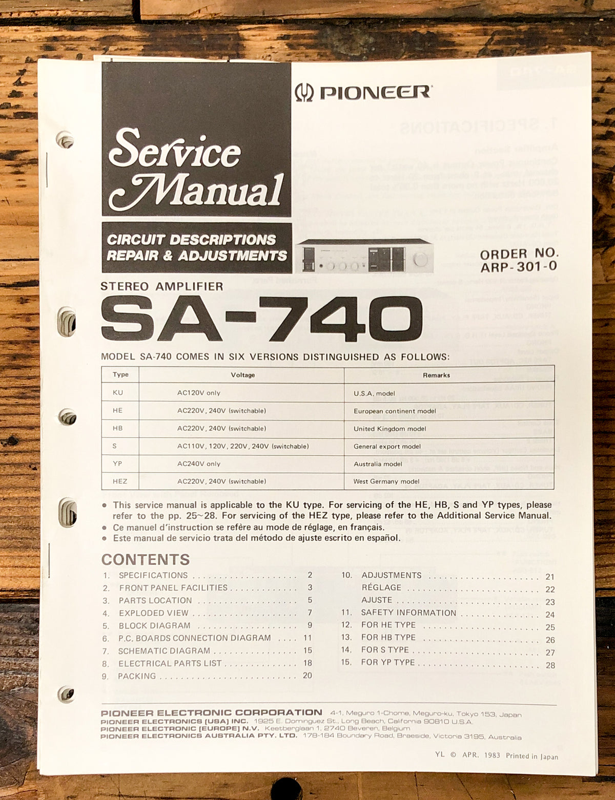 Pioneer SA-740 Amplifier Service Manual *Original*