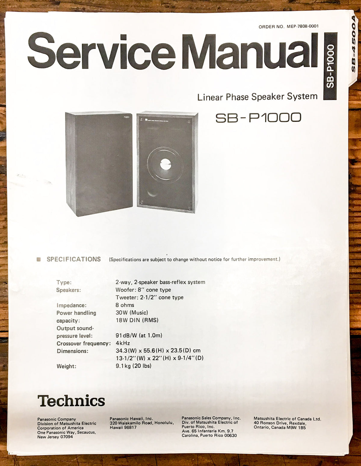 Technics SB-P1000 Speaker Service Manual *Original*