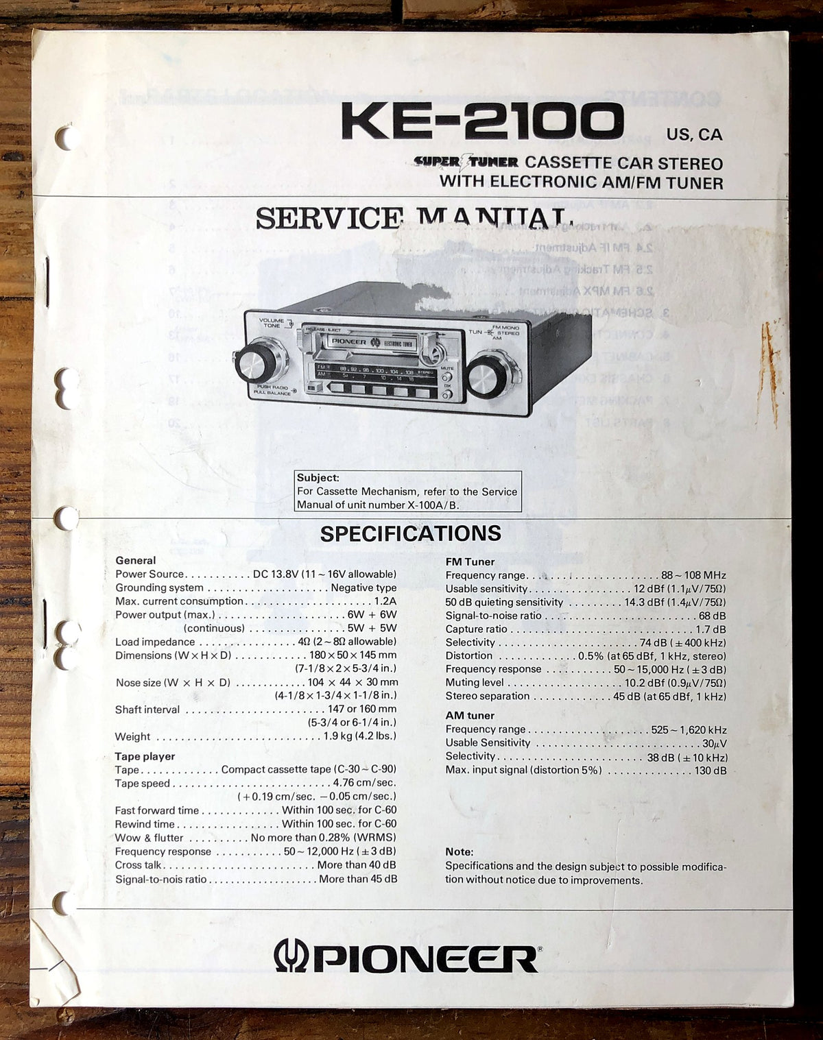 Pioneer KE-2100 Car Stereo Service Manual *Original*