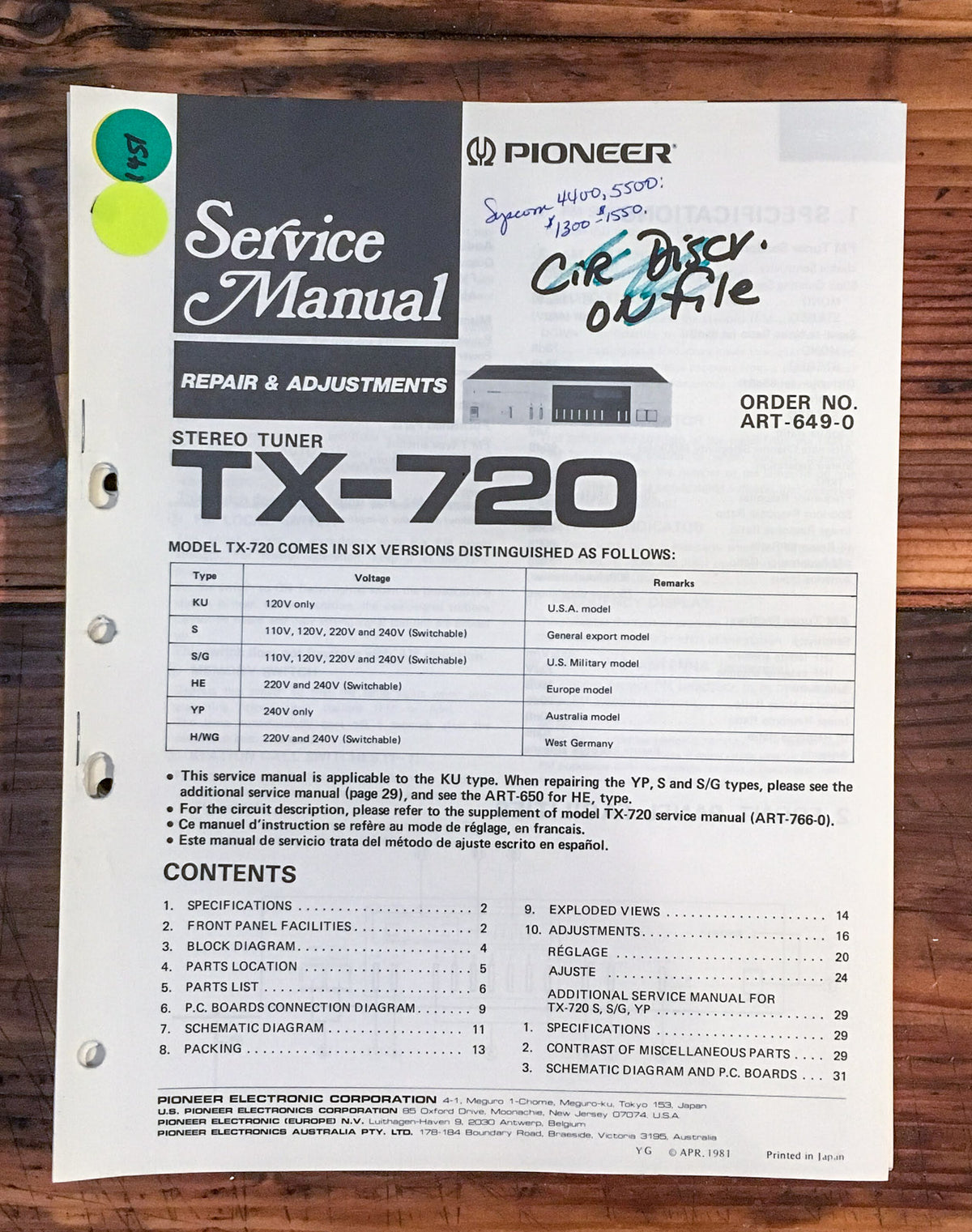 Pioneer TX-720 Tuner Service Manual *Original*