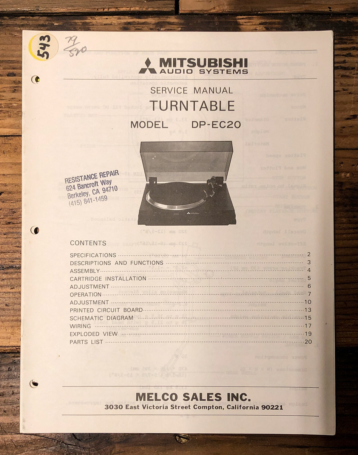 Mitsubishi DP-EC20 Record Player / Turntable Service Manual *Original*