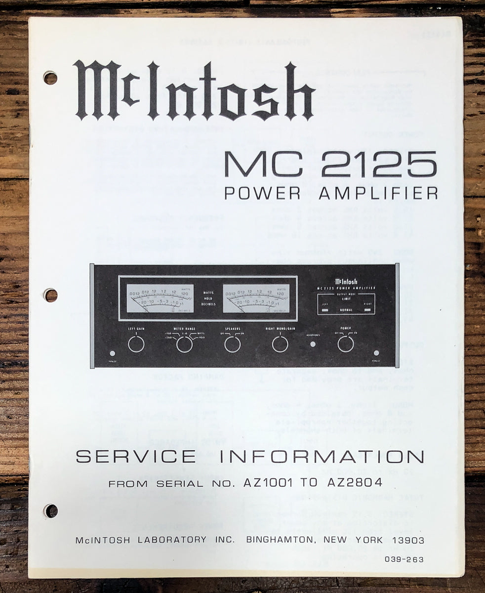 McIntosh MC-2125 MC2125 Amplifier Service Manual *Original*