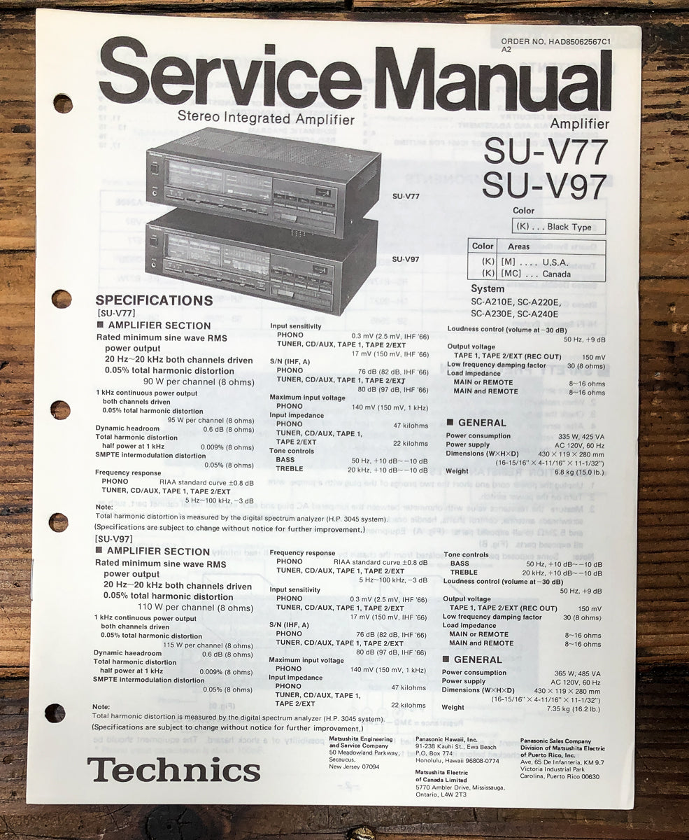 Technics SU-V77 SU-V97 Amplifier Service Manual *Original*