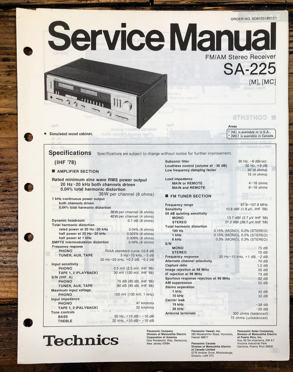 Technics SA-225 Receiver Service Manual *Original*