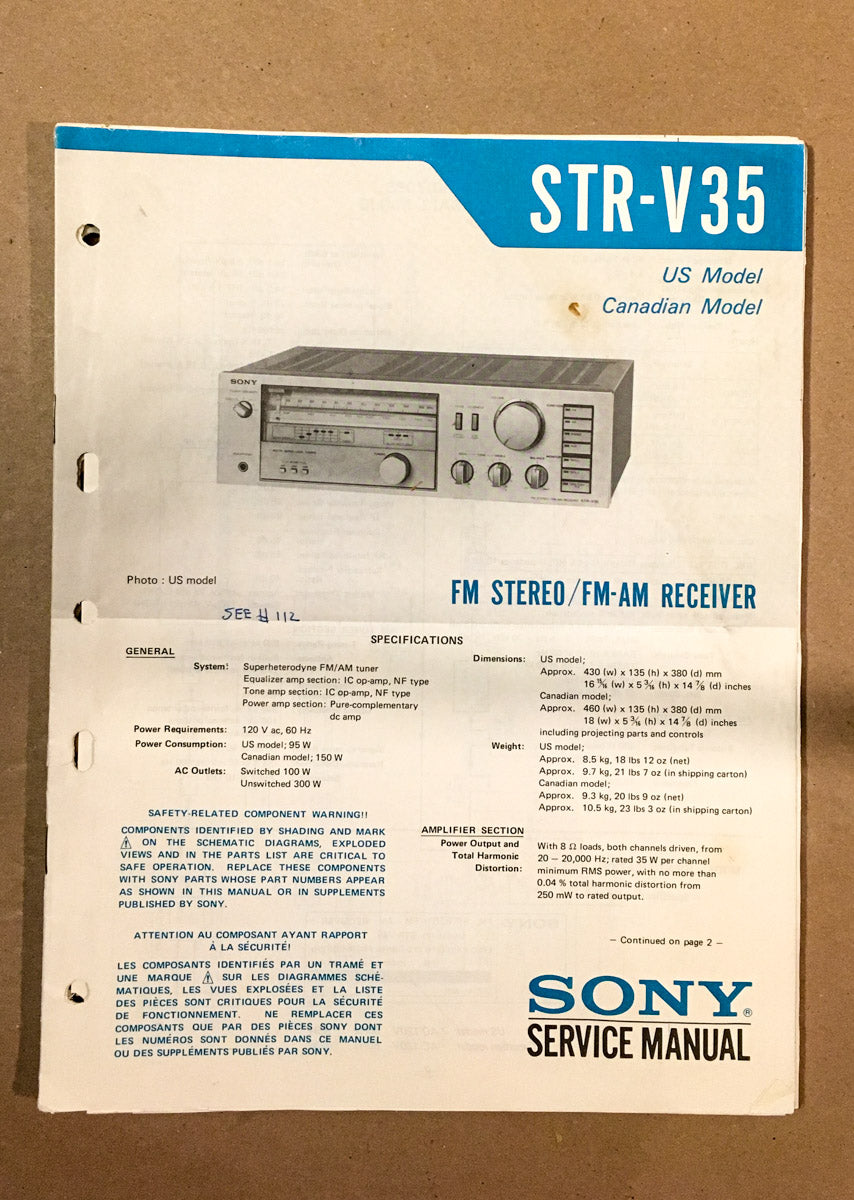 Sony STR-V35 Receiver Service Manual *Original*
